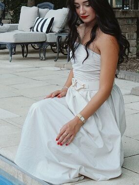 Needii Strapless Midi Dress S Beige Classic Stripe Smocked Summer White/Black